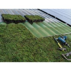 a lawn mower laying on top of a green roof next to a water hose