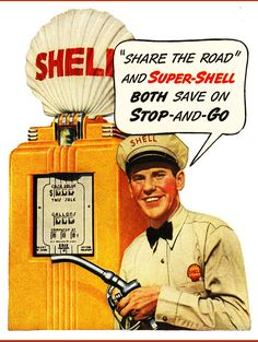 an advertisement for shell gas with a man in uniform