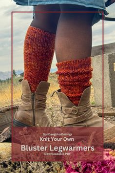 the legs and ankles of a woman wearing knitted leg warmers with text overlay that reads, knit your own blister legwarmers