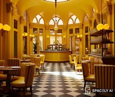 a restaurant with yellow walls and checkered flooring