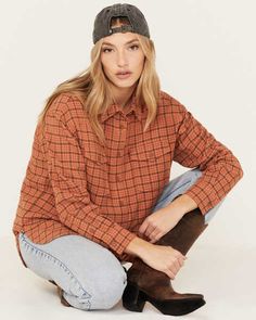 Boot Barn, Orange Plaid, Oversized Long Sleeve, Long Sleeve Flannel, Basic Long Sleeve, Get Directions, Plaid Print, Womens Plaid, Rustic Charm