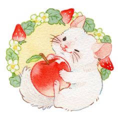 a watercolor painting of a mouse holding an apple in front of a wreath with strawberries