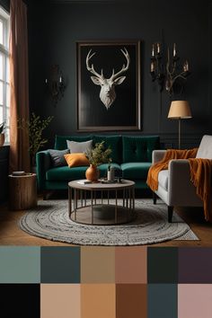 a living room filled with furniture and lots of different color samples on the wall behind it