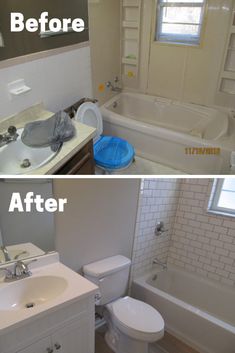 before and after pictures of a bathroom remodel with tub, sink, toilet and shower