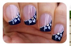 Dark Blue Nails With Flowers, Blue French Nail Designs, Dark Blue French Nails, Side French Nails, Blue Flower Nail Designs, Blue Nails With Flowers, Fingernails Designs, Easy Nail Designs For Beginners, Blue French Nails