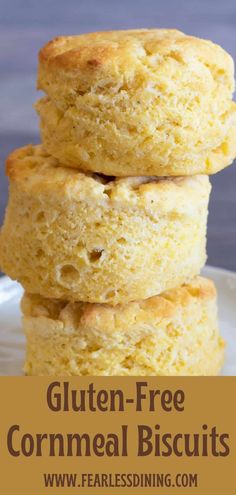 three gluten - free cornmeal biscuits stacked on top of each other