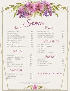 a menu with flowers on it and the words hair services written in gold frame above it