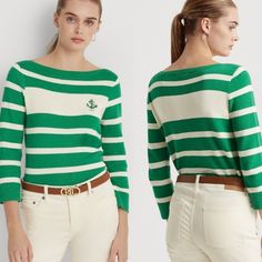 Ralph Lauren Logo Striped Cotton Boatneck Top Green Preppy Top For Workwear, Preppy Green Top For Work, Spring Striped Ralph Lauren Top, Chic Ralph Lauren Tops For Fall, Ralph Lauren Green Tops For Spring, Ralph Lauren Logo, Ralph Lauren Green, Lauren Green, Ralph Lauren Tops