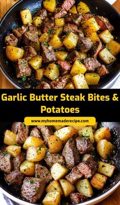 garlic butter steak bites and potatoes in a skillet on a wooden table with text overlay that reads garlic butter steak bites and potatoes