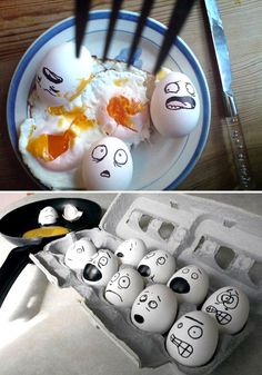 eggs with faces drawn on them are in an egg carton, and one is broken