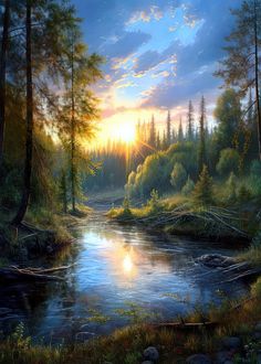 a painting of the sun setting over a river