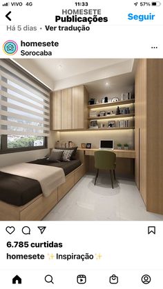 a room with a bed, desk and shelves on the wall next to windows that have blinds in them