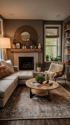 a living room filled with furniture and a fire place under a window next to a book shelf