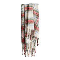 a plaid scarf with tassels hanging from it