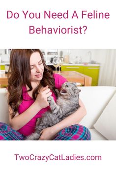 a woman sitting on a couch holding a cat with the caption do you need a feline behaviorist?