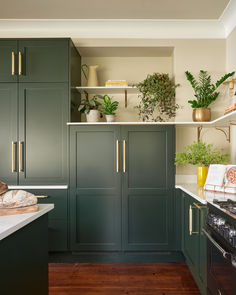 a kitchen filled with lots of green cupboards next to a stove and counter top