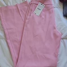 Nwt Zara Fluid High Waisted Pink Pants Willing To Trade For An Xs Also Feminine High Waist Bottoms For Work, Feminine Fitted Solid Color Bottoms, Zara Fitted Feminine Bottoms, Feminine Fitted Zara Bottoms, Fitted Feminine Zara Bottoms, Zara High Waist Stretch Dress Pants, Zara Feminine High Waist Bottoms, Feminine High Waist Zara Bottoms, Fitted Pink Wide Leg Ankle-length Pants