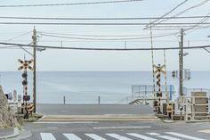 an empty street next to the ocean with power lines above it and traffic lights on either side