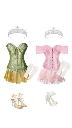 two dresses and shoes are shown with tiara on the top one is pink, green and gold