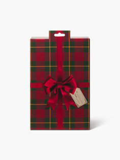 a red and green plaid gift box with a tag on it's bow tie