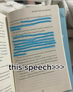 an open book with the words, this speech is in blue and white letters on it