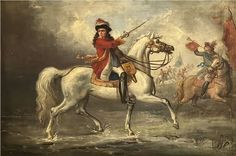 a painting of a man riding on the back of a white horse