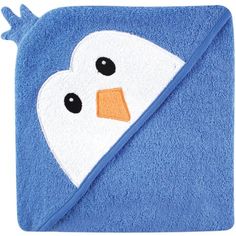 a blue towel with a white and black penguin face on it's front pocket