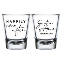 two personalized shot glasses with the names of their guests and date printed on them