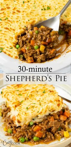 two plates filled with shepherd's pie on top of each other and the text overlay reads 30 - minute shepherd's pie