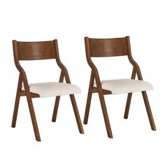 two wooden chairs with white upholstered seats