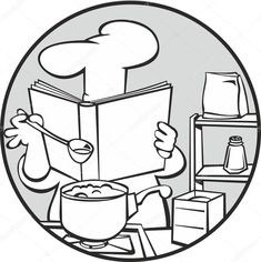 black and white cartoon chef reading a cook book in the kitchen with ingredients around him