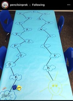 a long table with blue chairs and a drawing on it that says start to write