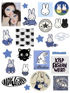 various stickers and decals are shown in this collage, including bunny ears