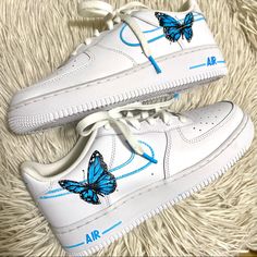 Hand Painted Air Force 1s: Message Me For Commissions Made With Love~ I Ship Anywhere For Free Women’s Size 8 Shown In Photo Air Force 1 Butterfly, Nike Waffle Trainer, Nike Air Force 1 Custom, Womp Womp, Custom Painted Shoes, Air Force 1s, Nike Fashion Shoes, Air Force 1 Custom, Nike Waffle