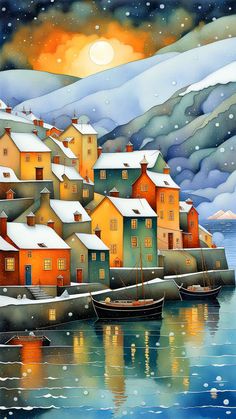 a painting of some houses by the water with snow on them and boats in the water