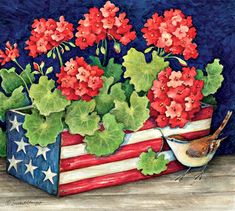 a painting of red, white and blue flowers in an american flag flower box with a bird