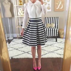 White bow blouse for under $15 and striped pleated skirt for $42 with pink pumps // http://www.stylishpetite.com/2015/04/daily-outfits-recent-purchases-and-bow.html Corporate Ladder, Professional Outfit, Stylish Petite, Bow Sandals, Striped Skirt, Bow Blouse, Lifestyle Travel, Carrie Bradshaw, Petite Fashion