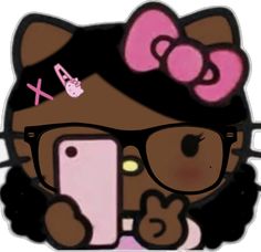 an image of a hello kitty with glasses holding a cell phone in her hand and pointing at the screen