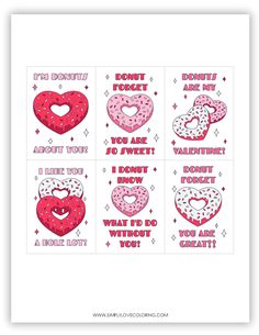 four valentine's day stickers with donuts in the shape of heart shapes