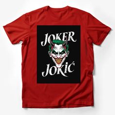 Joker Jokic Graphic T-Shirt, Unique Villain Inspired Artwork, Unisex Casual Tee, Black Cotton Shirt Male T-Shirt Custom graphic T-Shirt.Customize your color Funny Red T-shirt For Fan Merchandise, Black Crew Neck T-shirt With Pop Culture Style, Funny Red Top With Character Print, Funny Black Crew Neck Shirt, Funny Red Tops With Character Print, Red Pop Culture T-shirt With Front Print, Funny Fan Merchandise T-shirt With Front Print, Funny Black T-shirt With Graphic Print, Artistic Black Shirt With Graphic Print