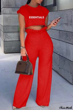 Olivia Mark - Chic Pink O-Neck Two-Piece Set with Casual Letter Print for Women Casual Red Solid Color Jumpsuits And Rompers, Casual Red Jumpsuit And Romper, Casual Red Jumpsuits And Rompers, Casual Red Stretch Sets, Casual Red V-neck Jumpsuit, Casual Red V-neck Jumpsuits And Rompers, Casual Red Party Sets, Red Sleeveless Vacation Set, Sleeveless Letter Print Sets For Spring