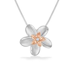 44173 - 14K Rose Gold and Sterling Silver  - Double Plumeria Pendant Rose Gold Flower Pendant Necklace In Fine Jewelry Style, Fine Jewelry Rose Gold Necklace With Flower Charm, Rose Gold Fine Jewelry Necklace With Flower Shape, Rose Gold Flower Necklace In Fine Jewelry, Rose Gold Flower Necklace Fine Jewelry, Hallmarked Rose Gold Flower Pendant Jewelry, Rose Gold Hallmarked Flower Pendant Jewelry, Anniversary Flower Pendant Necklace With Polished Finish, Rose Gold Flower-shaped Necklace For Anniversary