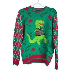 Blizzard Bay Ugly Sweater Adult S Red Green Dinosaur Holly Christmas Holiday New Pit To Pit 22.5" Length 27" Brand New Dino Funny, Holly Christmas, Green Dinosaur, Pullover Sweater Men, Chunky Wool, Teal And Grey, Fair Isle Sweater, Holiday Sweater, Christmas Holly