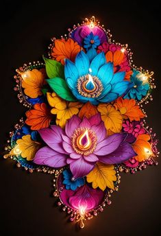 colorful flowers and candles are arranged in the shape of an intricate design on a black background