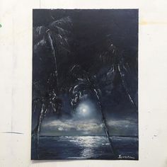 a painting of palm trees and the ocean at night with a full moon in the background