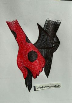 a drawing of a black bird with red wings