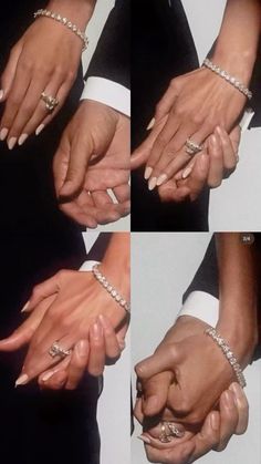 four different pictures of hands with rings on their fingers and one holding the other's hand