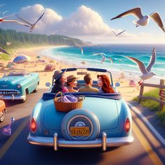 two people in a blue car on the road with seagulls flying over them