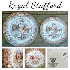 the royal stafford plates are on display in front of some other pictures and text that reads,