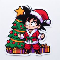 a sticker with a cartoon character next to a christmas tree